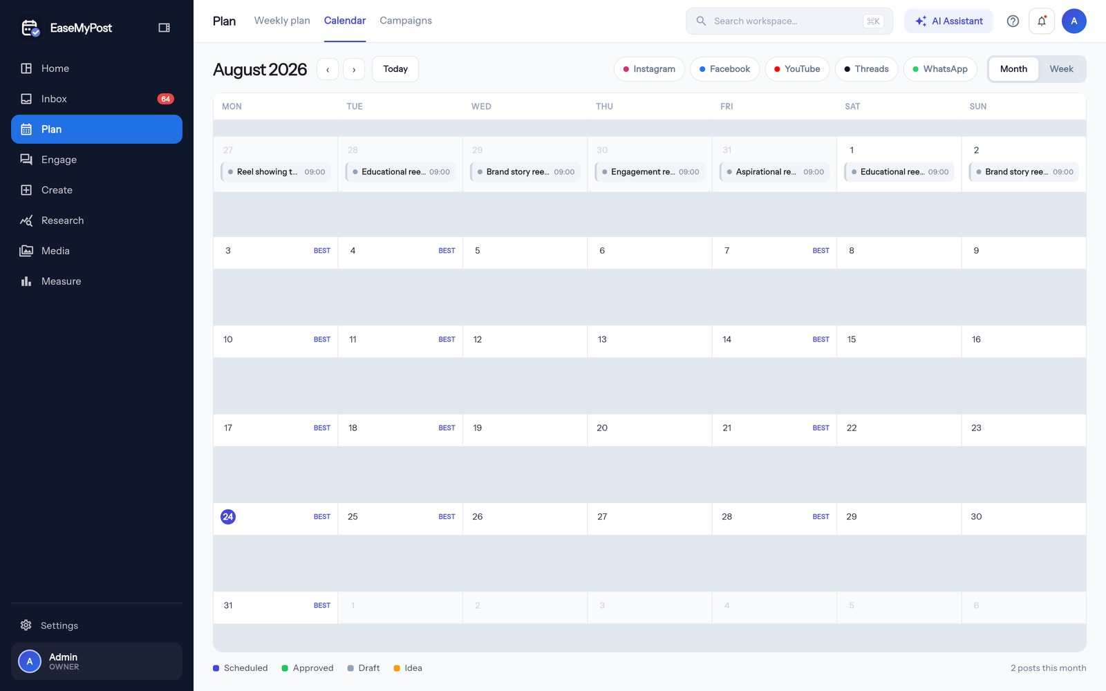 The content calendar in EaseMyPost: a month grid with scheduled posts, channel filters for Instagram, Facebook, YouTube, Threads and WhatsApp, and the best posting slots marked.