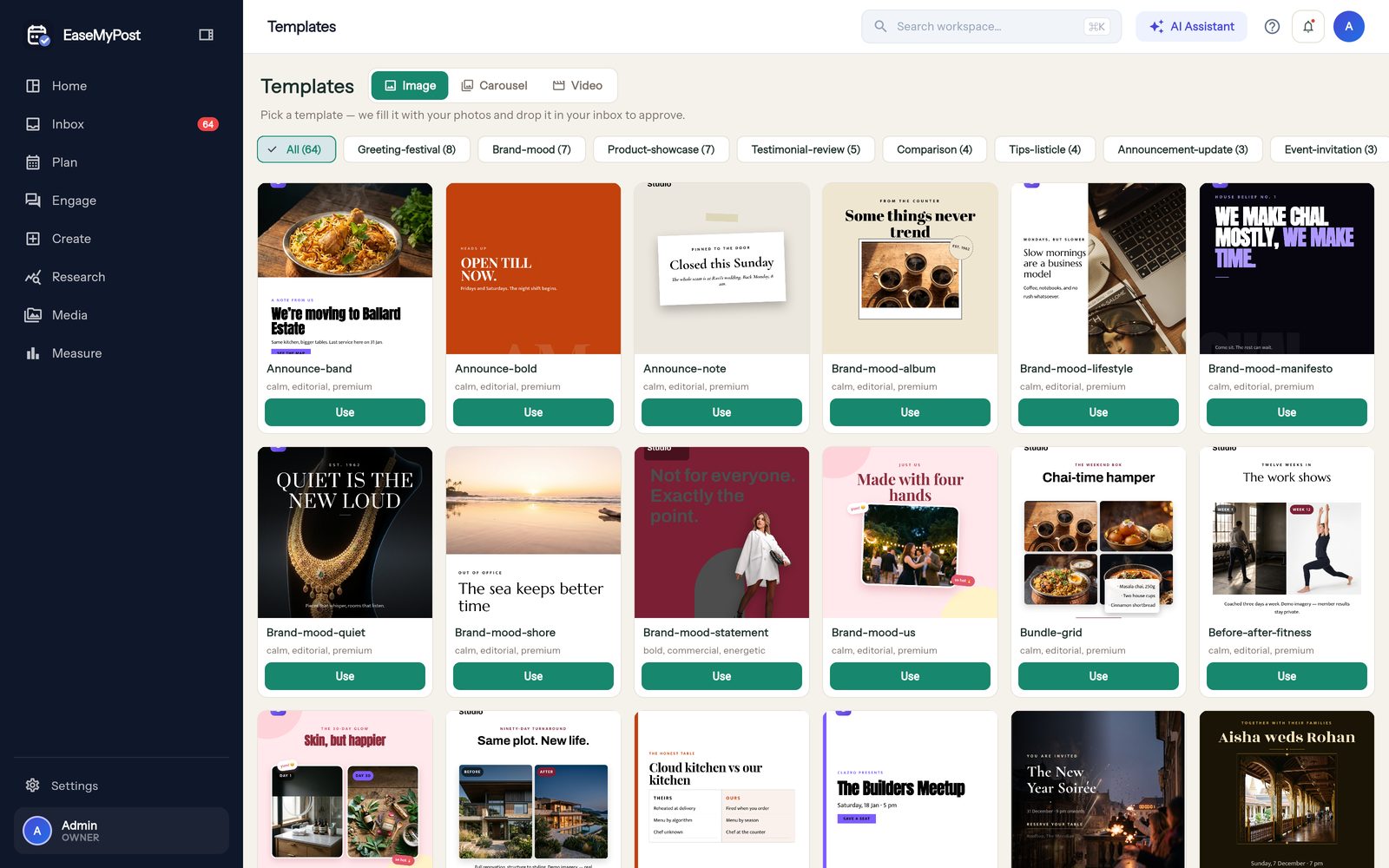 The template library in EaseMyPost, showing dozens of post templates grouped by purpose — festival greetings, brand mood, product showcase, testimonials, comparisons and listicles.